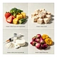Four-grid infographic displaying diverse freeze-dried materials processed by a lyophilizer: fruits and vegetables, meat cubes, pharmaceutical powders, and flower tea.